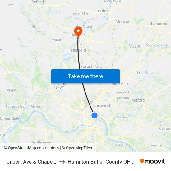 Gilbert Ave & Chapel St to Hamilton Butler County OH USA map