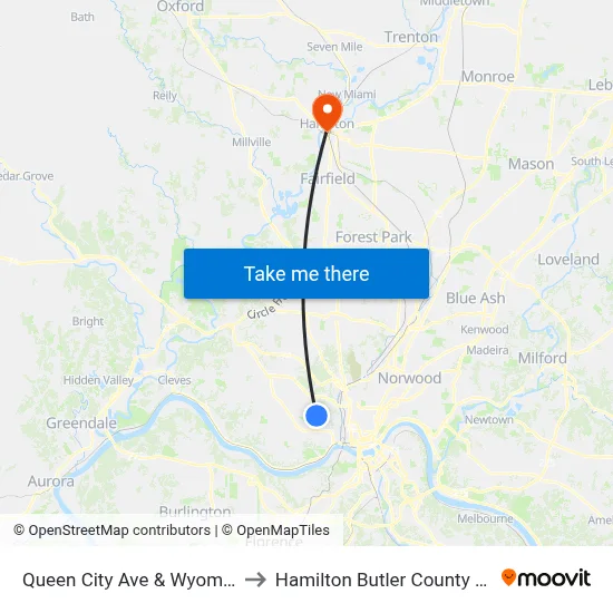 Queen City Ave & Wyoming Ave to Hamilton Butler County OH USA map