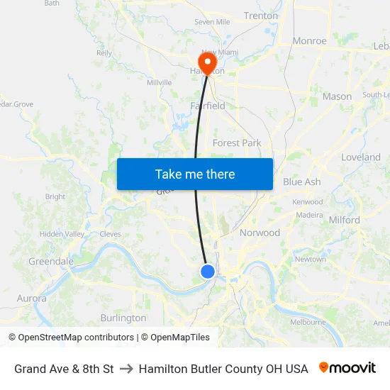 Grand Ave & 8th St to Hamilton Butler County OH USA map