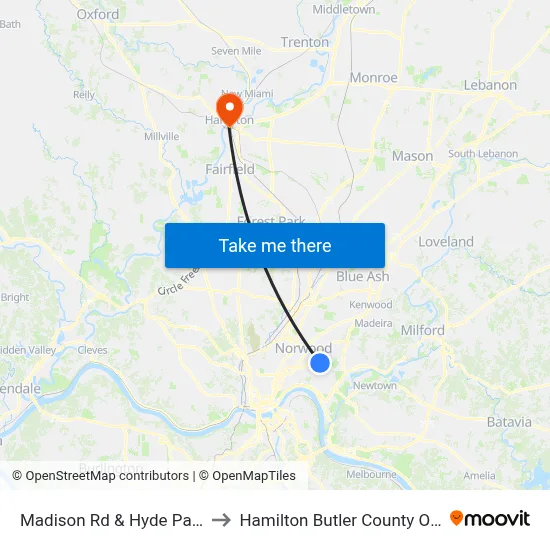 Madison Rd & Hyde Park Ave to Hamilton Butler County OH USA map
