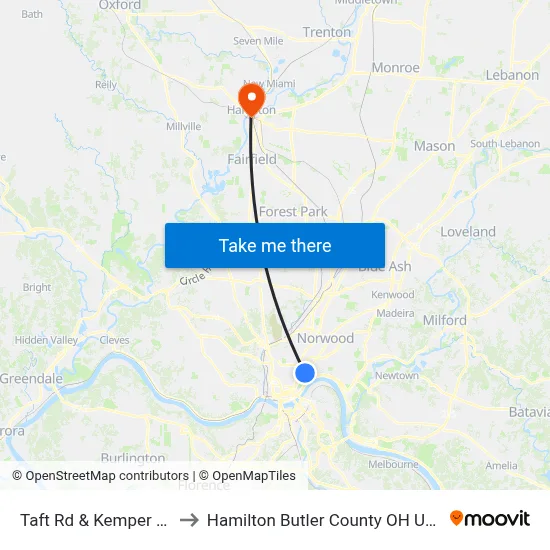 Taft Rd & Kemper Ln to Hamilton Butler County OH USA map