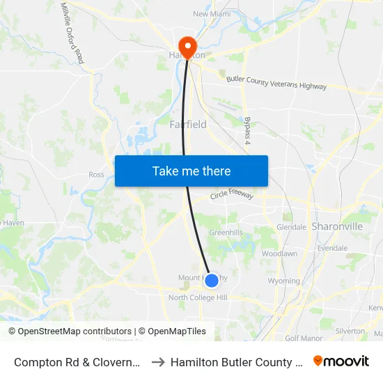 Compton Rd & Clovernook Ave to Hamilton Butler County OH USA map
