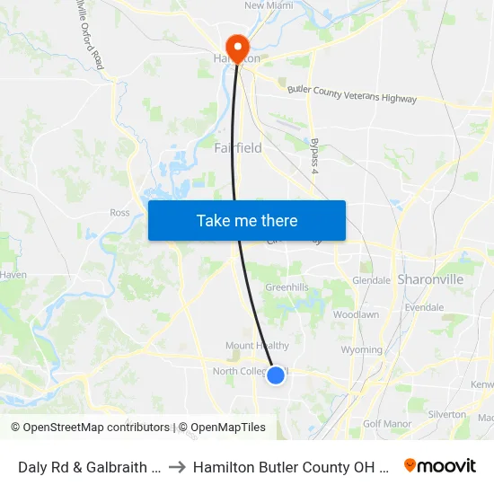 Daly Rd & Galbraith Rd to Hamilton Butler County OH USA map