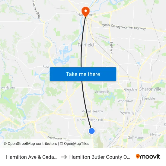 Hamilton Ave & Cedar Ave to Hamilton Butler County OH USA map