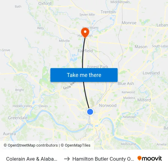 Colerain Ave & Alabama Ave to Hamilton Butler County OH USA map