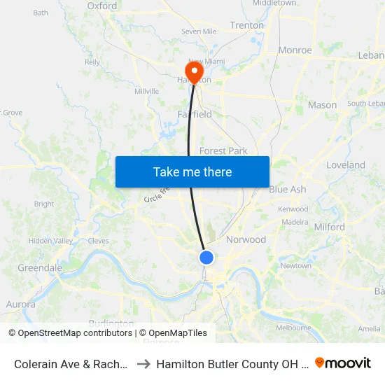 Colerain Ave & Rachel St to Hamilton Butler County OH USA map