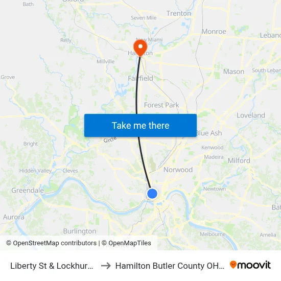 Liberty St & Lockhurst Ln to Hamilton Butler County OH USA map