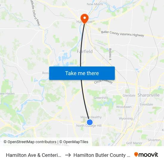 Hamilton Ave & Centeridge Ave to Hamilton Butler County OH USA map