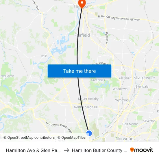 Hamilton Ave & Glen Parker Ave to Hamilton Butler County OH USA map