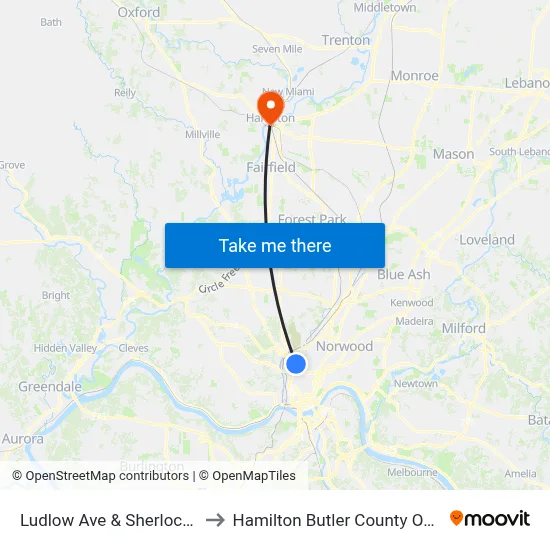Ludlow Ave & Sherlock Ave to Hamilton Butler County OH USA map