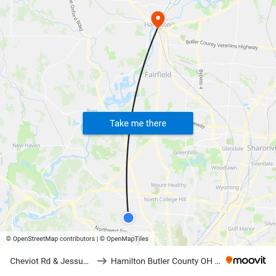 Cheviot Rd & Jessup Rd to Hamilton Butler County OH USA map