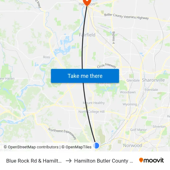 Blue Rock Rd & Hamilton Ave to Hamilton Butler County OH USA map