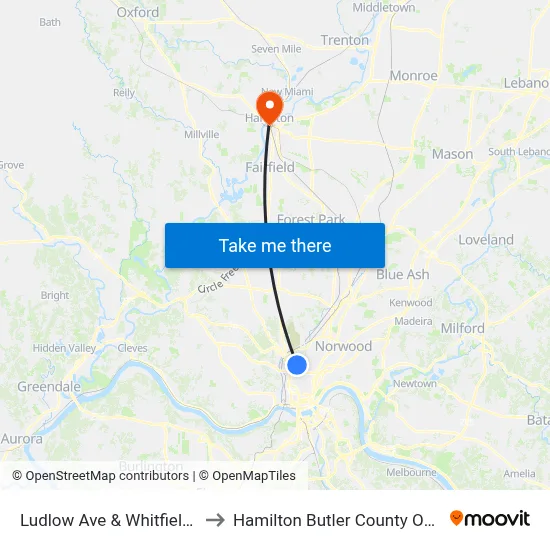 Ludlow Ave & Whitfield Ave to Hamilton Butler County OH USA map
