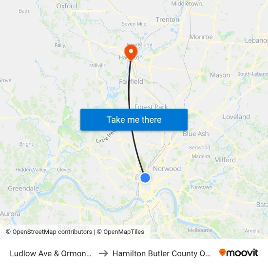 Ludlow Ave & Ormond Ave to Hamilton Butler County OH USA map
