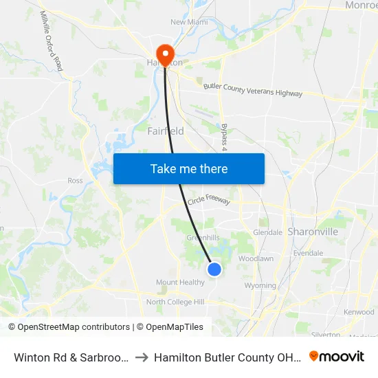 Winton Rd & Sarbrook Dr to Hamilton Butler County OH USA map