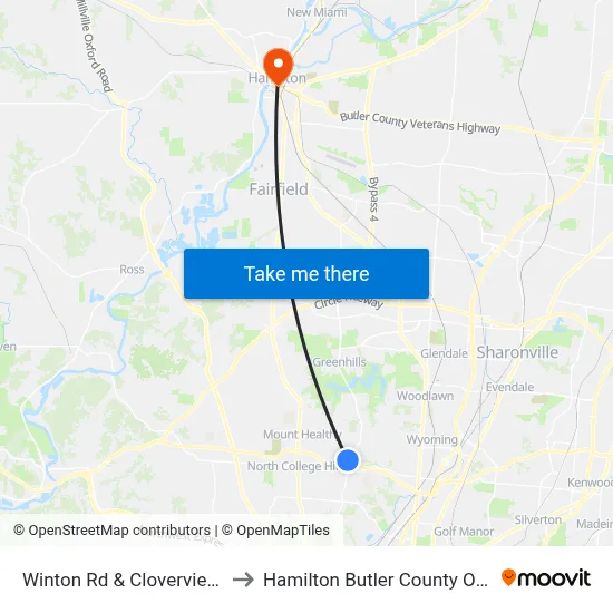 Winton Rd & Cloverview Ave to Hamilton Butler County OH USA map