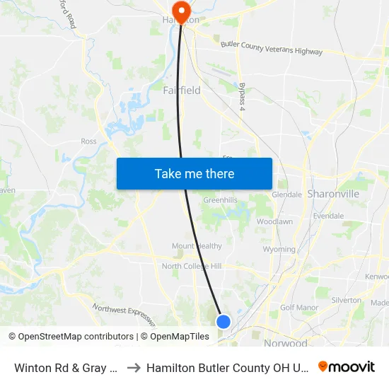 Winton Rd & Gray Rd to Hamilton Butler County OH USA map
