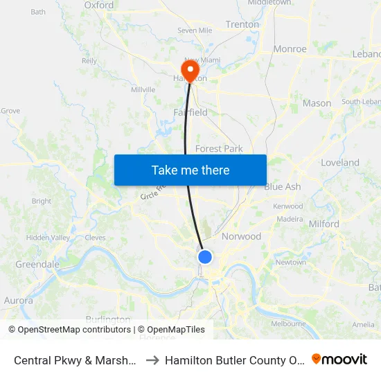 Central Pkwy & Marshall Ave to Hamilton Butler County OH USA map