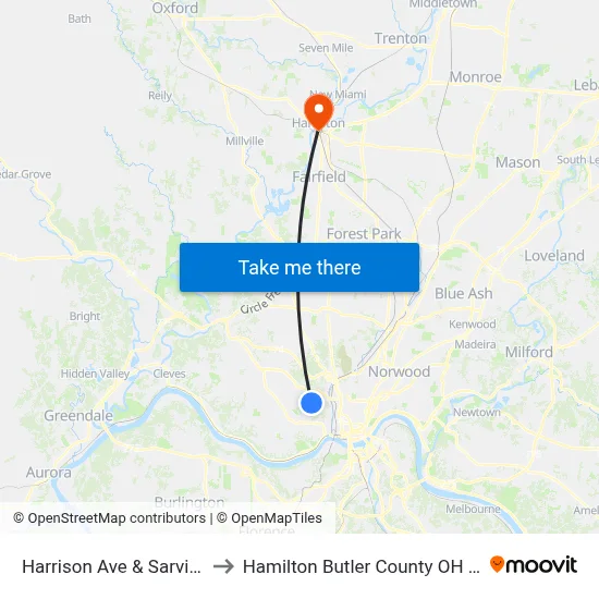 Harrison Ave & Sarvis Ct to Hamilton Butler County OH USA map