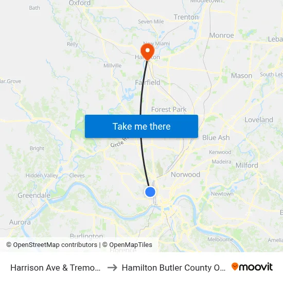 Harrison Ave & Tremont Ave to Hamilton Butler County OH USA map