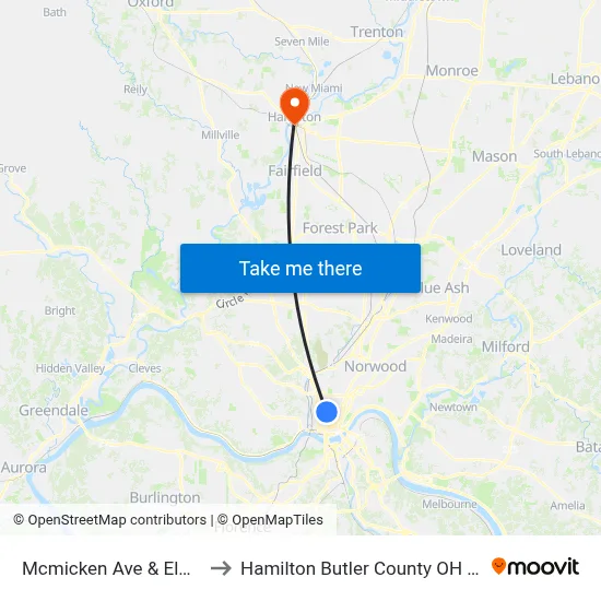 Mcmicken Ave & Elm St to Hamilton Butler County OH USA map