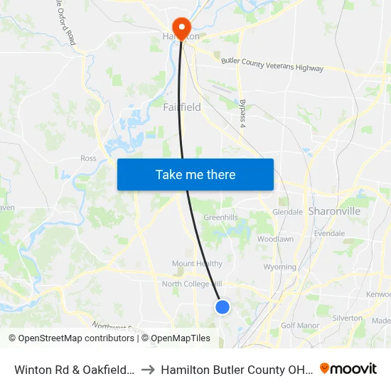 Winton Rd & Oakfield Ave to Hamilton Butler County OH USA map