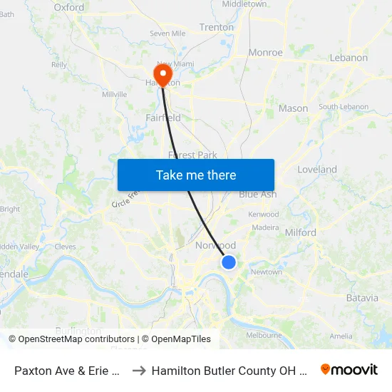 Paxton Ave & Erie Ave to Hamilton Butler County OH USA map