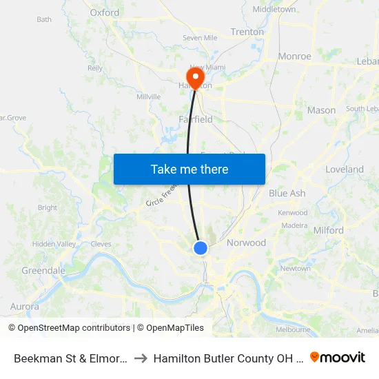 Beekman St & Elmore St to Hamilton Butler County OH USA map