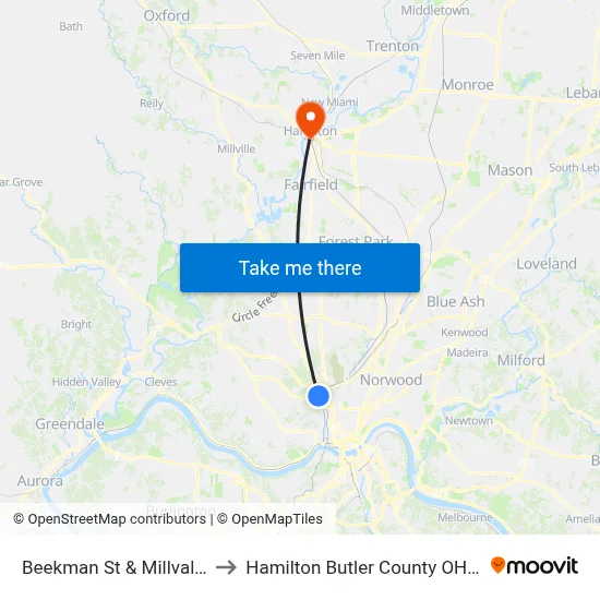 Beekman St & Millvale Ct to Hamilton Butler County OH USA map