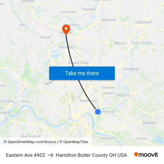 Eastern Ave 4902 to Hamilton Butler County OH USA map