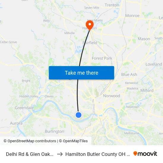 Delhi Rd & Glen Oaks Dr to Hamilton Butler County OH USA map