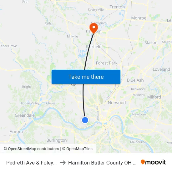 Pedretti Ave & Foley Rd to Hamilton Butler County OH USA map