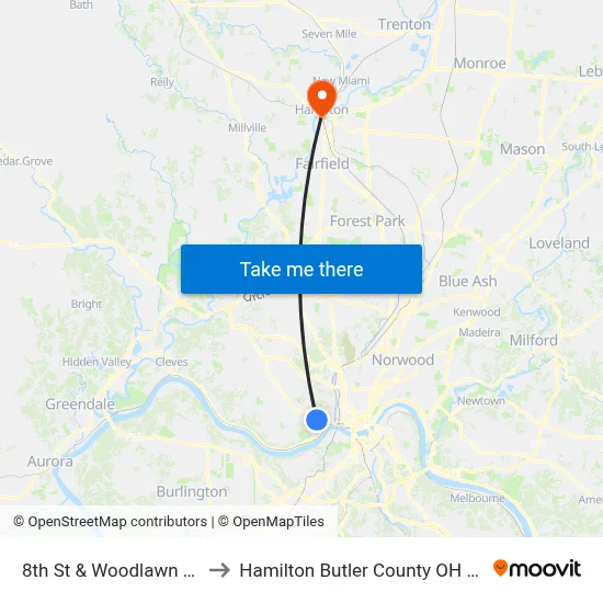 8th St & Woodlawn Ave to Hamilton Butler County OH USA map