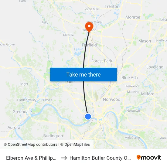 Elberon Ave & Phillips Ave to Hamilton Butler County OH USA map