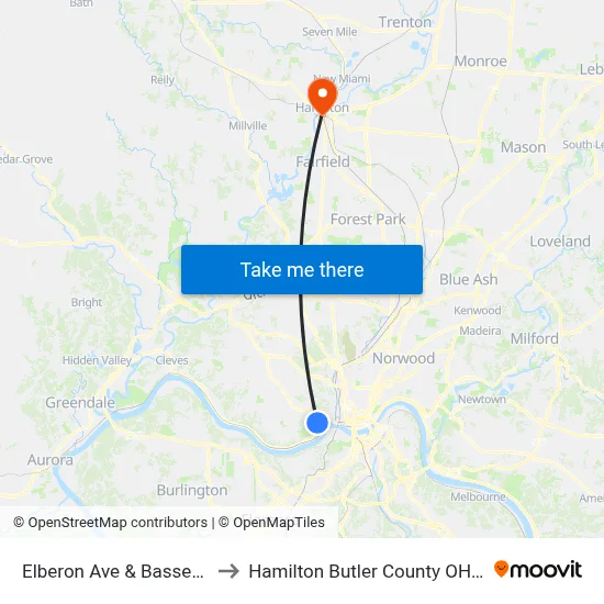 Elberon Ave & Bassett Rd to Hamilton Butler County OH USA map