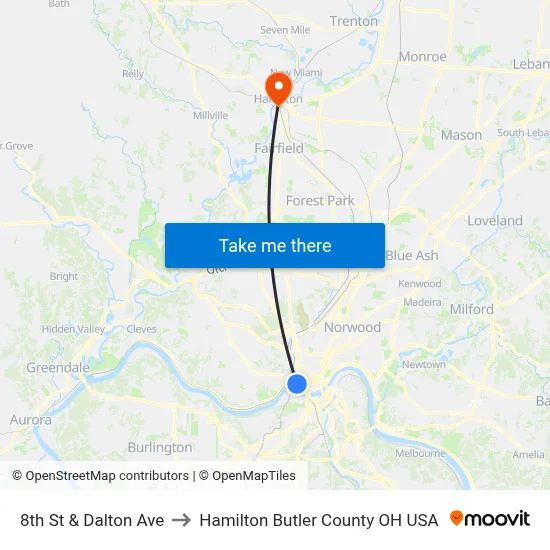 8th St & Dalton Ave to Hamilton Butler County OH USA map