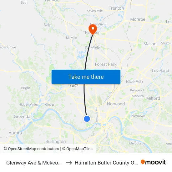 Glenway Ave & Mckeone Ave to Hamilton Butler County OH USA map