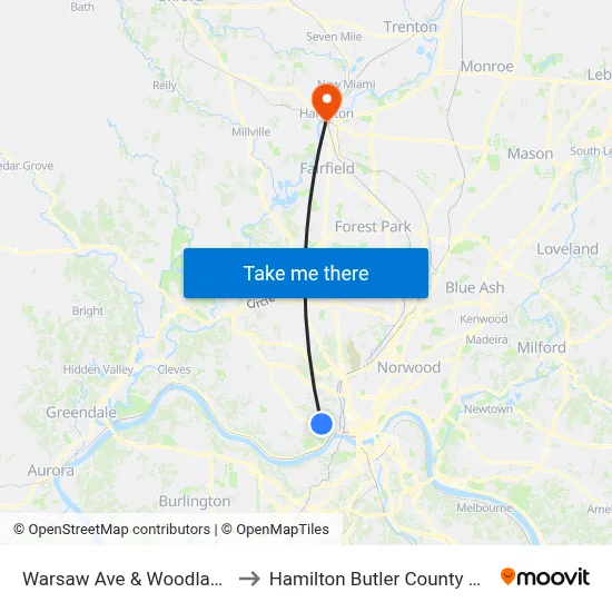 Warsaw Ave & Woodlawn Ave to Hamilton Butler County OH USA map