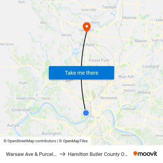 Warsaw Ave & Purcell Ave to Hamilton Butler County OH USA map