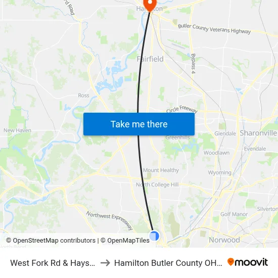 West Fork Rd & Hays Ave to Hamilton Butler County OH USA map