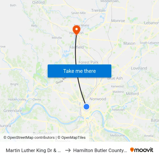 Martin Luther King Dr & Bishop St to Hamilton Butler County OH USA map