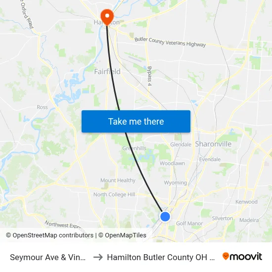 Seymour Ave & Vine St to Hamilton Butler County OH USA map