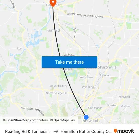 Reading Rd & Tennessee Ave to Hamilton Butler County OH USA map