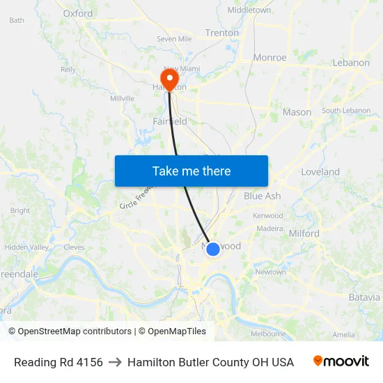 Reading Rd 4156 to Hamilton Butler County OH USA map