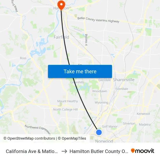 California Ave & Matlock Ave to Hamilton Butler County OH USA map