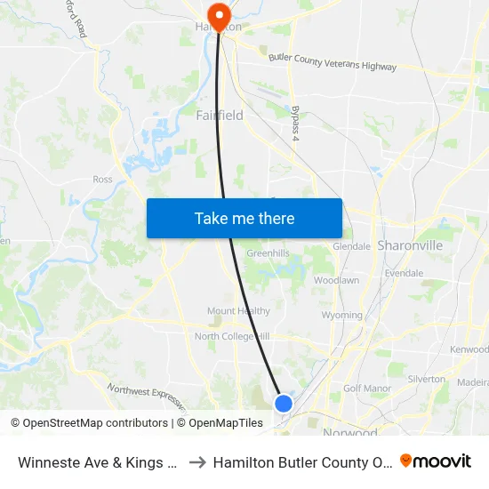 Winneste Ave & Kings Run Dr to Hamilton Butler County OH USA map