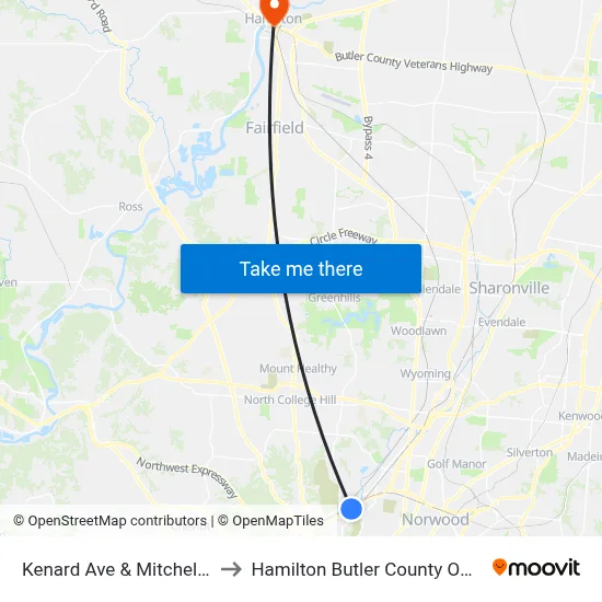 Kenard Ave & Mitchell Ave to Hamilton Butler County OH USA map
