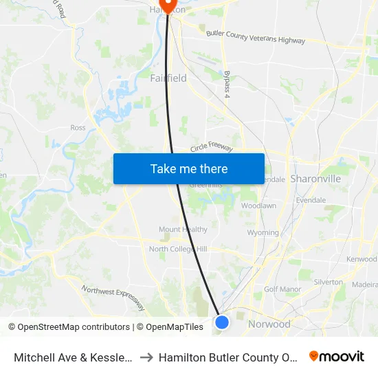 Mitchell Ave & Kessler Ave to Hamilton Butler County OH USA map