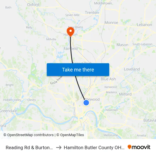 Reading Rd & Burton Ave to Hamilton Butler County OH USA map