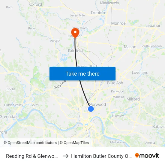Reading Rd & Glenwood Ave to Hamilton Butler County OH USA map
